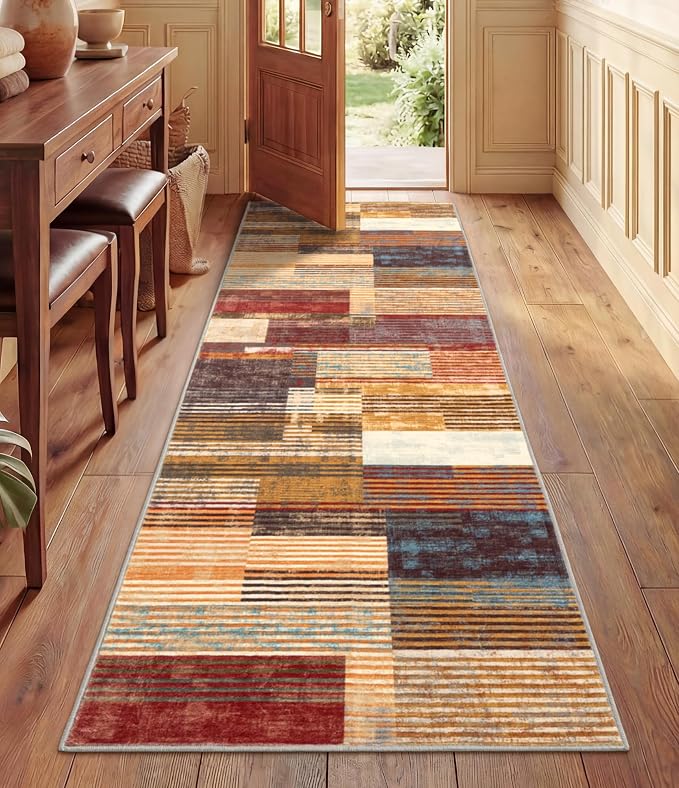 Brown Runner Rug 2x6 for Hallway, Farmhouse Rugs Washable,Vintage Burgundy Carpets,Burnt Orange Area Rug Non Slip,Geometric Boho Rug for Kitchen