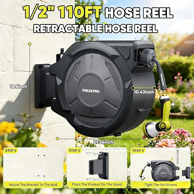 110 FT x 1/2" Retractable Garden Hose Reel, Heavy Duty Automatic Hose Reel Wall Mount - 3/4in Brass Fitting 10 Pattern Nozzle, Any Length Lock Slow Retraction 180° Swivel, Upgraded UV Resistant