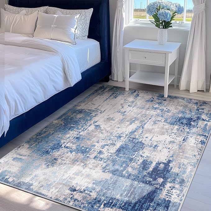 RELEANY Washable 4'x5' Abstract Area Rug for Living Room Blue Gray | Carpet for Bedroom, Kitchen, Office, Hallway and Entryway, Printed Pattern, Non‑Slip, Soft, Stain‑Resistant, Easy to Clean