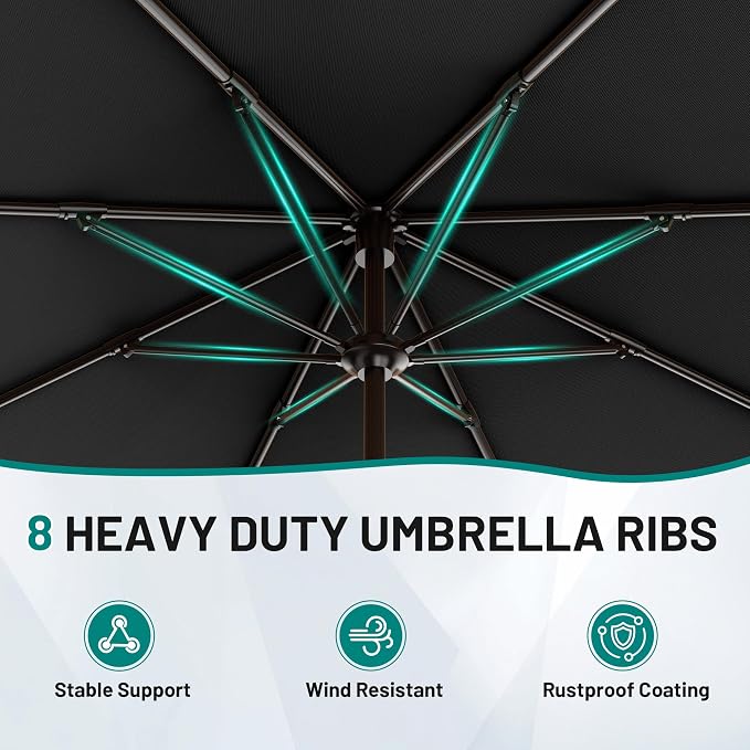 AreShark 12 FT Patio Umbrella for Outdoor, Outdoor Table Umbrella with Push Button Tilt and Crank, Outdoor Patio Umbrellas with 8 Sturdy Ribs, Patio Umbrellas for Market, Garden, Pool (Black)