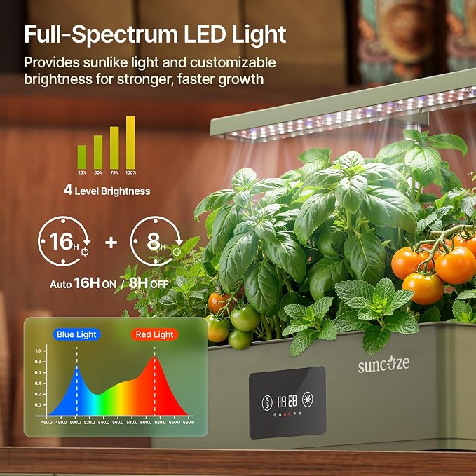 SUNCOZE Hydroponics Growing System Kit with 24W Dimmable LED Light, Green | 12 Pods Indoor Herb Garden with Timer & Local Time Setting, Adjustable Height, Smart Countertop Garden for Home & Kitchen