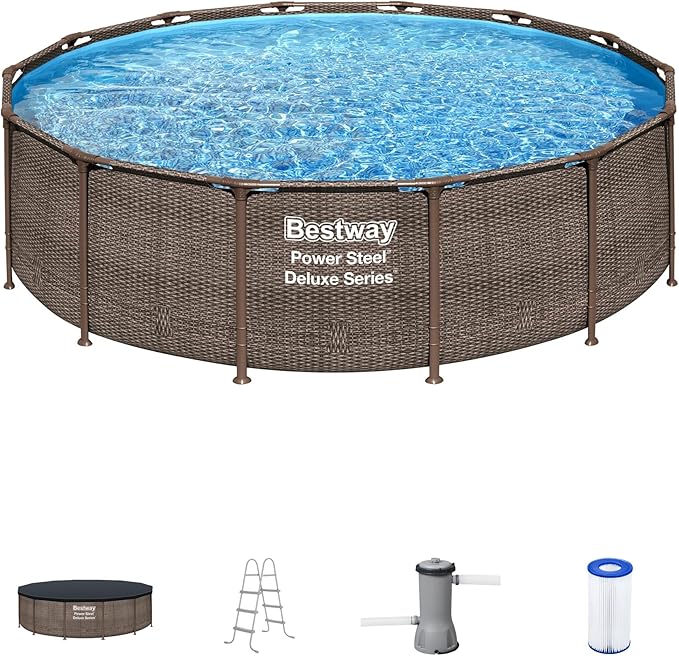 Bestway Power Steel 14’ x 42” Above Ground Swimming Pool Set with Pump | Durable Round Metal Frame Outdoor Backyard Pool - Ladder, Cover, and Type III Filter Cartridge Included, Brown Wicker Print