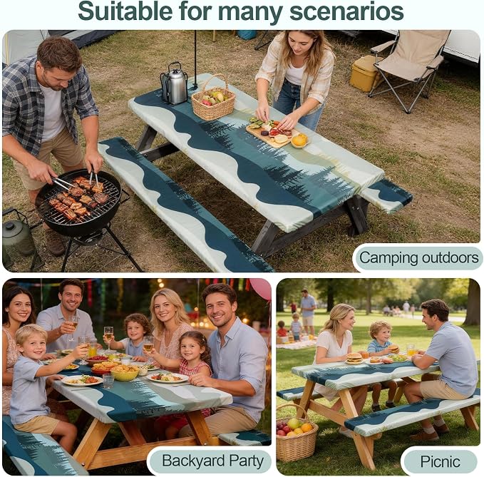 Picnic Table Cover with Bench Covers Camping Essentials Waterproof Windproof Camping Tablecloth with Drawstring Bag, Fitted Rectangle Tables and Seats, 96in, Green Blue