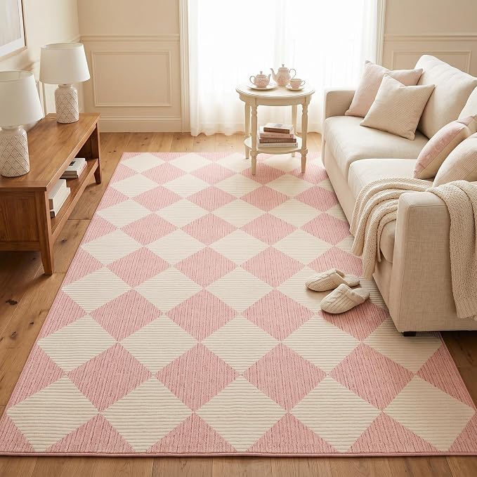 GarveeHome 4x6 Modern Checkered Area Rug Soft Pink Washable Bedroom Rug | Low Pile Non Slip Diamond Floor Mat Plaid Print Throw Rug Indoor Carpet for Nursery Room Dining Room Playroom