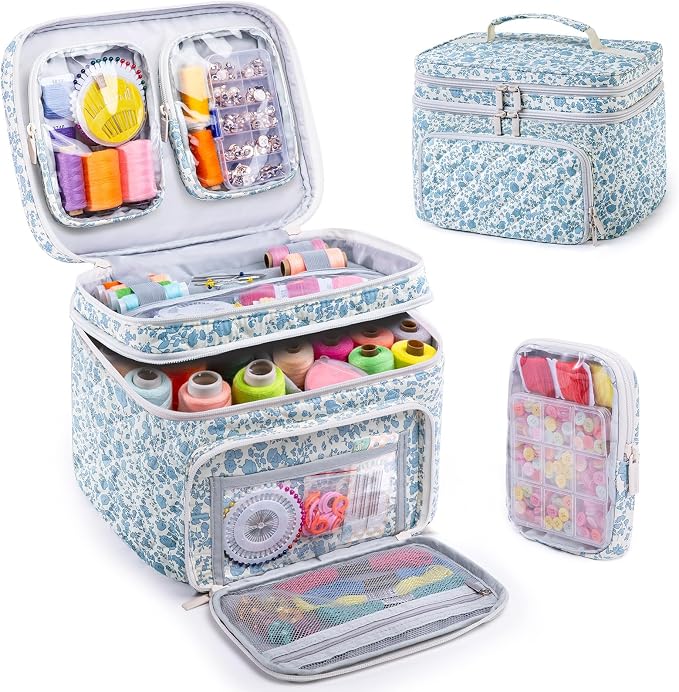 AMOIGEE Double-Layer Sewing Organizer Storage Bag with 2 Detachable Pouches, Large Quilted Sewing Basket for Supplies & Tools, Portable Travel Sewing Kit Case, Gift for Mom(Bag ONLY)