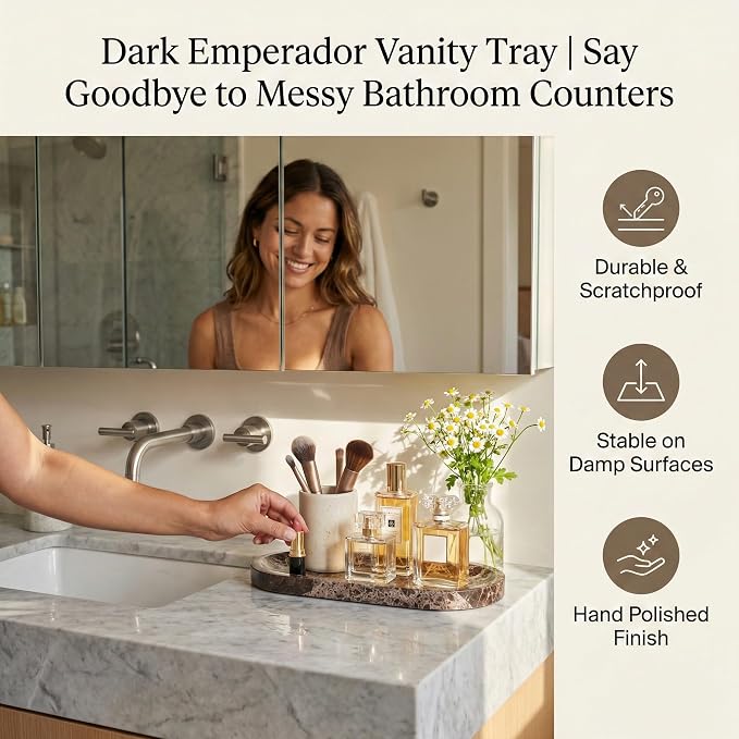 Dark Emperador Marble Vanity Tray for Bathroom Counter, 10"x5" Decorative Tray for Perfume, Candles, Stone Jewelry Dish Tray