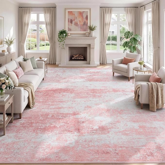 8x10 Area Rug for Living Room, Abstract Washable Large Rugs,Dusty Pink | Neutral Carpet for Bedroom, Dining Room, Home Office Nursery Indoor, Stain Resistant, Low Pile, Non-Shedding Modern Rug