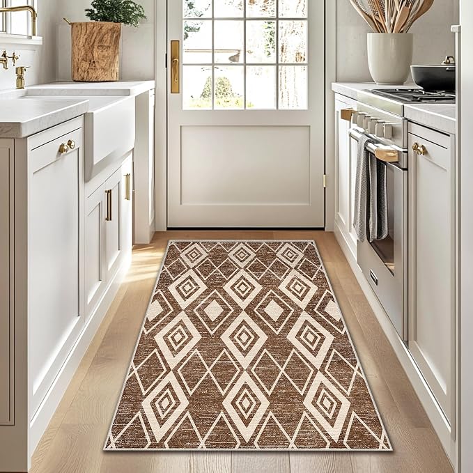 3x5 Moroccan Area Rug for Bedroom Entryway Western Boho Terracotta Modern Farmhouse Rug Machine Washable Non-Slip Tribal Series Carpet for Bathroom Kitchen Bedside Dining Room