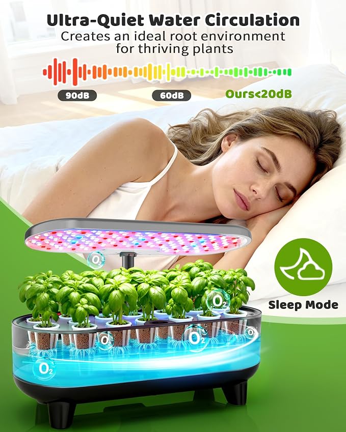 Growell 16 Pods Hydroponics Growing System Kit with 3 Light Modes & 2 Timer | Smart Water Circulation, LED Grow Light, 8L Large Water Tank, Coutertop, Indoor Herb Garden, Perfect Gardening Gifts, Gray