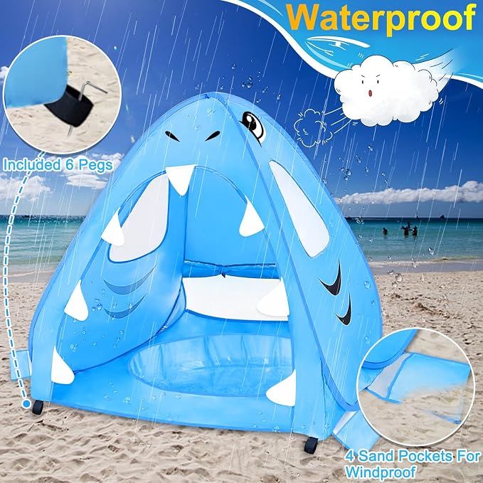 [ Extra High ] Shark Baby Beach Tent with Pool for Toddler Aged 3-60 Months | Pop Up Kiddie Pool Tents Baby Beach Essentials UPF 50+ UV Protection 4 Sand Pockets 3 Mesh Sun Beach Shade Tent for Kids