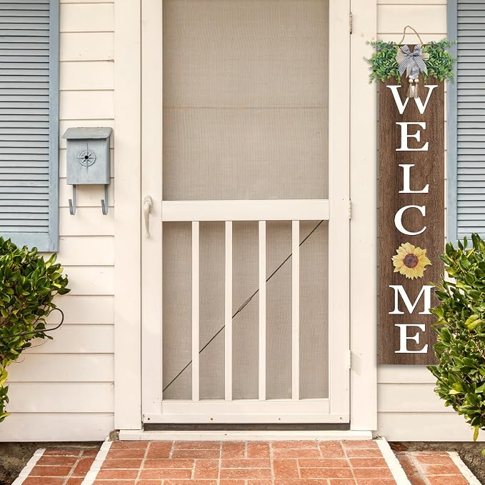 flowtorely Interchangeable Outdoor Welcome Sign for Front Porch Standing 47"×8" Set of 3 Large Wood Frame with 12 Pcs Icons Vertical Tall Leaner Outside Welcome Sign for Front Door Decor (Wood)