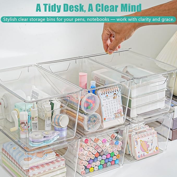 6 Pack Large Clear Storage Bins with Lids, Acrylic Arts and Craft Storage Containers, Stackable Clear Plastic Craft Storage Bins with Handles for Pantry Organizers and Storage, Kitchen, Fridge, Office
