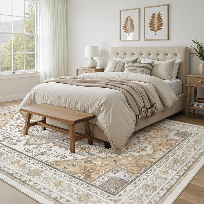 UERMEI 8x10 Area Rug for Living Room - Washable Vintage Carpet, Non-Slip Soft Large Indoor Floor Rugs for Bedroom Home Office & Under Dining Table Decor, Brown Beige