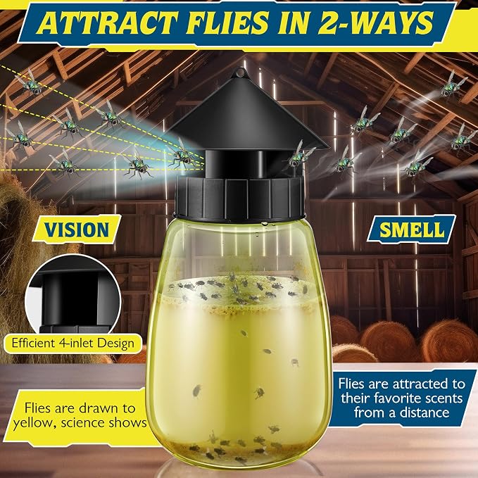 Qualirey Reusable Outdoor Hanging Fly Trap Bottles with Bait Refill, Non Toxic Flies Trap Jar, Fly Catcher Killer Flying Control for Outside Farms, Stables, Barns, Garden, Patio (3 Pack,Design)