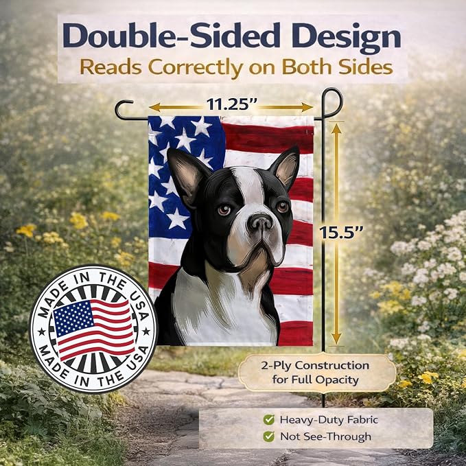 Caroline's Treasures CK6451GF Boston Terrier Dog American Flag Garden Flag Mailbox Flag Decorative Yard Flag Banner Outside Patio Artwork Yard Flower Beds, Garden Size, Multicolor
