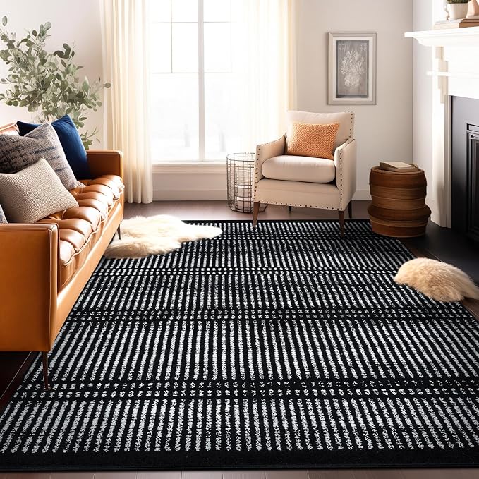 Rugshop Contemporary Stripe Lines High Traffic Area Rug Black 7'10" x 10' | Rectangular, Size 7'10" x 10', Living Room, Bedroom, Dining Room, Home Office, Kitchen, Entryway, Hallway, Nursery, Kids Room