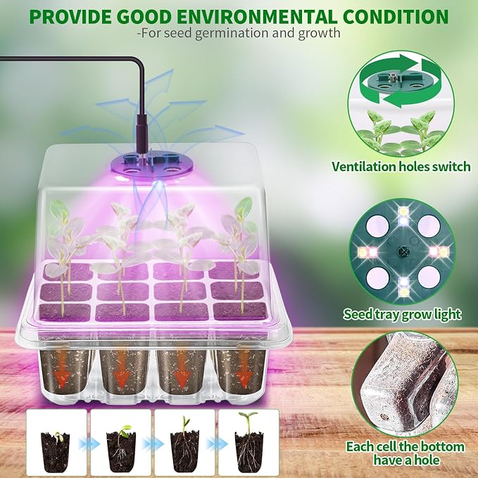 Qoolife Seed Starter Tray with Plant Light, 2 Pack Grow Lights for Seed Starting Kit with Humidity Domes, Timing Controller Adjustable Brightness for Greenhouse Propagator Station Growing Transparent