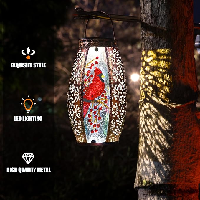 Solar Lanterns Outdoor Hanging Cardinal Garden Decor Light Decorative Waterproof for Women Mom Mothers Grandma Grandparents Birthday Gift