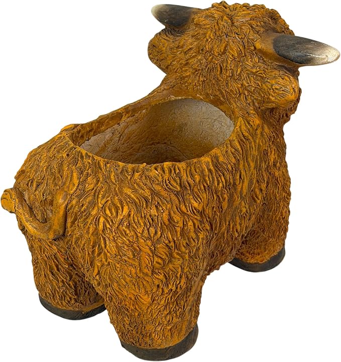 Zeckos Highland Cow Planter, Brown Painted Magnesium Oxide Animal-Shaped Freestanding Planter, 12 Inches Tall X 15 Inches Long X 8.25 Inches Wide, MGO Farmhouse Decorative Accent