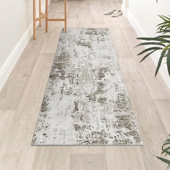 ROYHOME Modern Abstract 2x7 Runner Rug Washable Non Slip, Taupe/Beige | Stain Resistant Rug for Hallway Kitchen Bedroom Non Shedding Low Pile Indoor Floor Cover