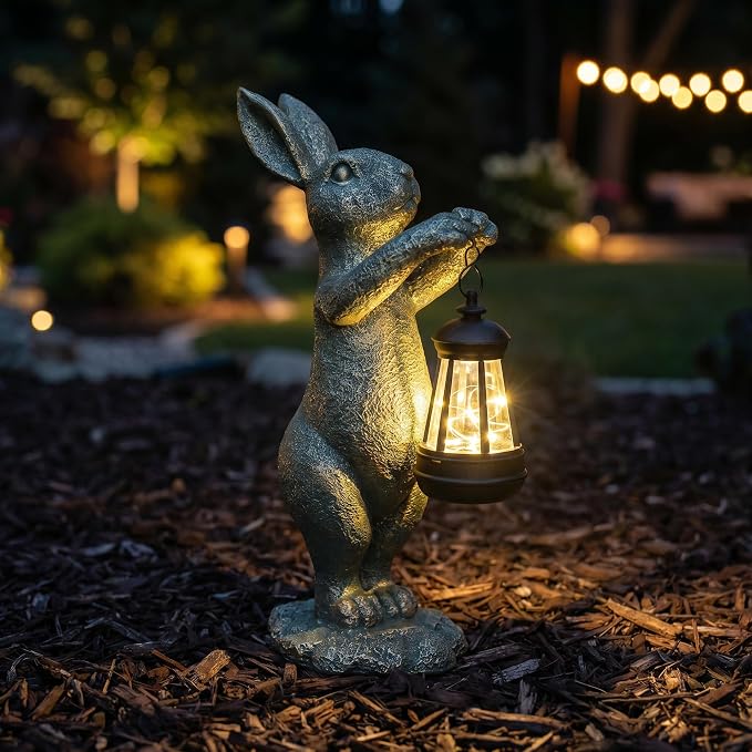 C&Y&G&X Garden Statue Rabbit with Solar Lantern - Outdoor Bunny Figurine Decor with LED Lights, Weather-Resistant Resin Animal Yard Art Sculpture for Patio, Lawn, Pathway, and Housewarming Gift