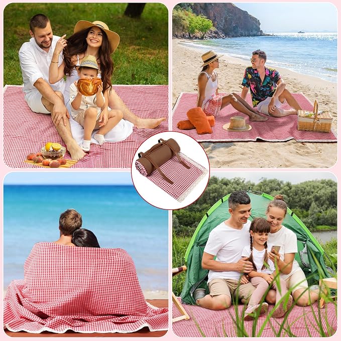 VitalCozy Waterproof Picnic Blankets 59 x 78in Outdoor Blanket Foldable 2 in 1 Double Layer Sandproof Beach Mat with Carry Strap for Camping Lawn Park Beach Grass(Red White)