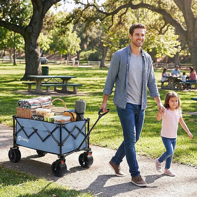 Sekey 250L Wagons Carts Foldable with Big All-Terrian Beach Wheels, Collapsible Heavy Duty Wagon, Extra Large Folding Wagon,Foldable Wagon for Camping, Garden, Sports. Blue