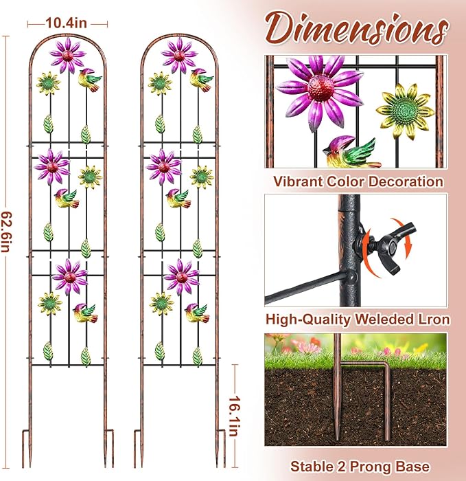 Metal GardenTrellis, Arched Fence Trellis Plant Support Trellises, Supporting Plants Outdoor Decoration for Climbing Plants Lawn Yard Patio Backyard Wall Brackets (Bird+Pink Flower)