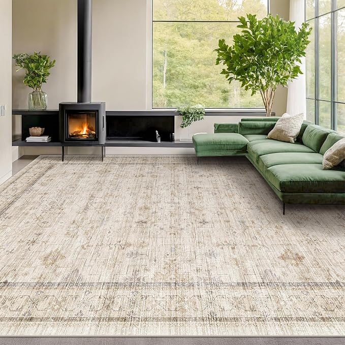 Washable Floral 10x14 Big Living Room Rug, Stain Resistant Foldable Area Rug for Bedroom, Large Dining Room, Farmhouse Neutral Light Beige Décor Indoor, Low Pile Soft Vintage Floor Carpet