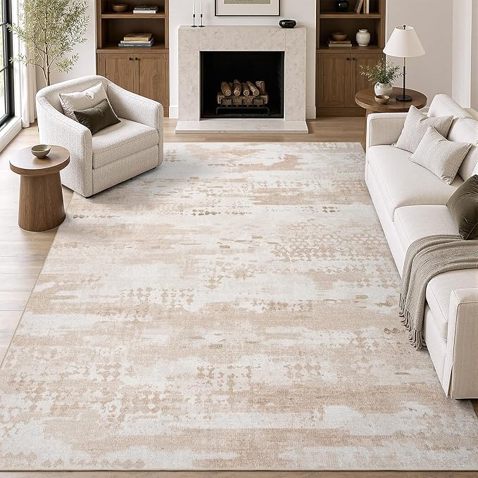 DCX Abstract Washable 5x7 Rug, Non Slip Low Pile Rug, Beige | Easy to clean, non-shedding, soft, kid & pet friendly, with a non-slip rubber backing for living rooms, bedrooms, and offices