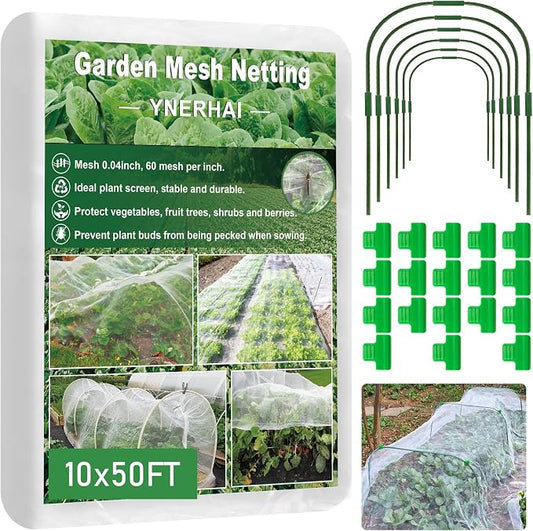 Garden Netting Kit - 10*50FT Ultra Fine Plant Netting Mesh Covers Row Net Protection For Tree Fruit Barrier Vegetable Fruits Flowers Shrubs Plant Covers (6 Pcs Garden Hoops & 18 Clips)
