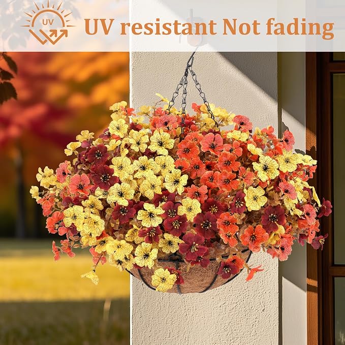 2 Set Artificial Hanging Basket Fall Flowers, UV Mixed Mums for Outdoors | Fake Faux Look Real Mums Plants for fall Decor Thanksgiving Displays Front Doors Patios Balconies Yards