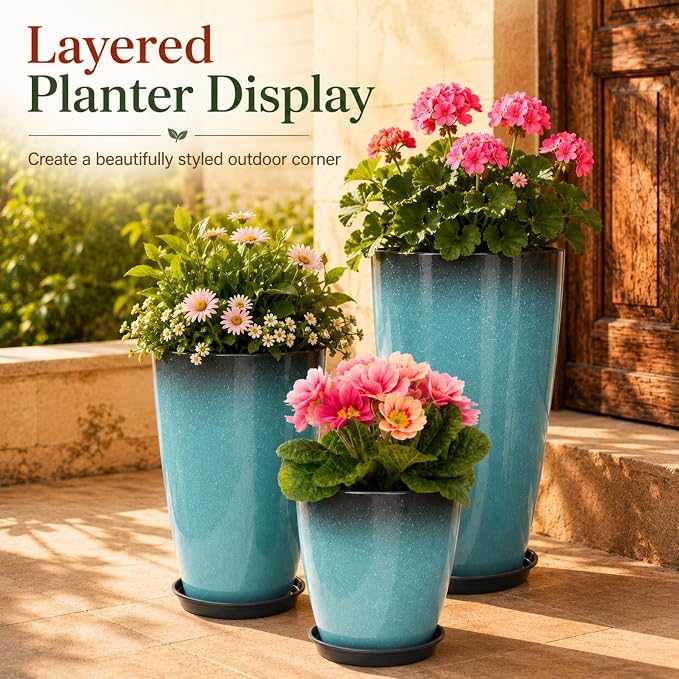 Neoaider Set of 3 Tall Planter, 24/21/12in Large Plastic Planter, Sky Blue | Ceramic-Look, Lightweight, Built-in Drain Hole, Saucers, Tall Outdoor Planter for Porch, Garden, Patio, Balcony