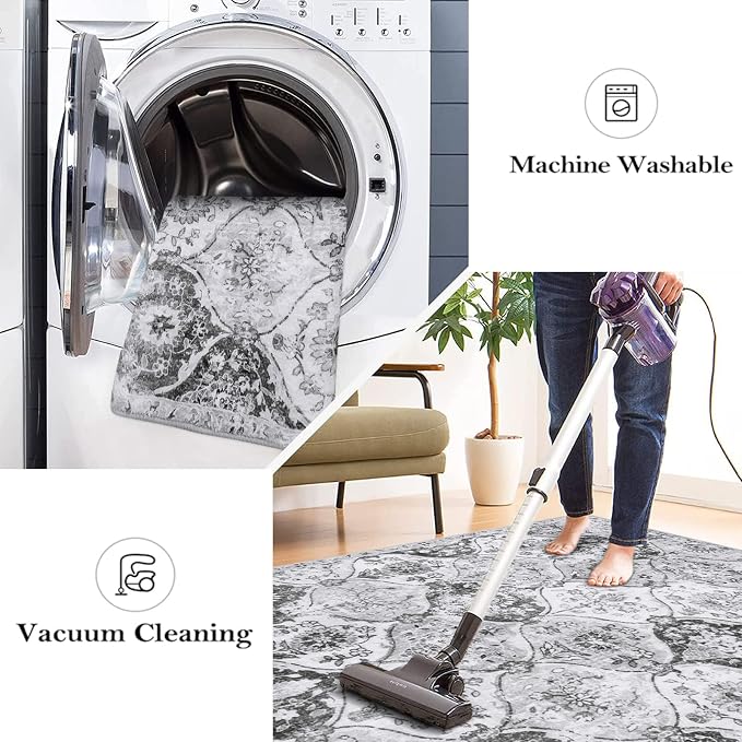Lahome Moroccan Washable Runner Rug, 2x6 Grey Kitchen Runners for Hallways | Trellis 6 Feet Non Slip Vintage Laundry Room Rug Ultra-Thin Carpet for Bathroom Bedroom Entryway Elise, Silver Grey