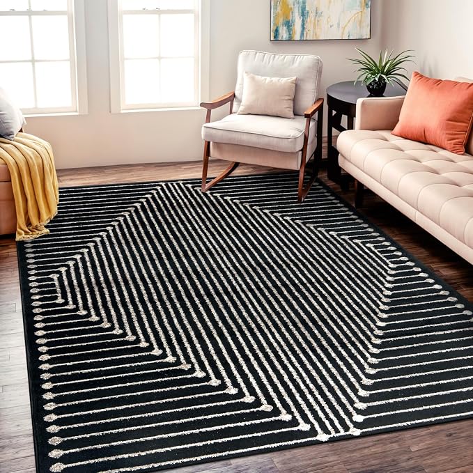 Rugshop Contemporary Bohemian Stripe Area Rug 5' x 7' Black | Jute Backing, Soft Medium Pile, Stain Resistant, No Shedding, Bedroom, Home Office, Dining Nook, Kids Room, Guest Room