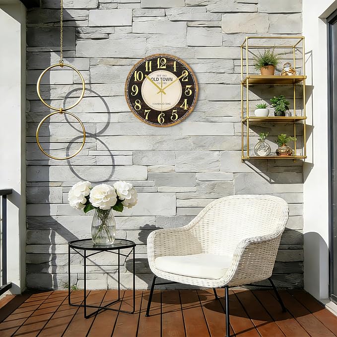 WISKALON Indoor Outdoor Glass Clock 12 Inch Waterproof Retro Vintage French Country Style Wall Clock Battery Operated Silent Non-Ticking for Bathroom Patio Pool Wall Decor Black Gold