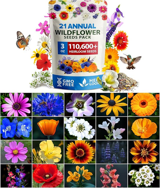 HOME GROWN Wildflower Seeds Bulk Mix | 110,600+ Non-GMO Annual Flower Seed for Planting | 21 Varieties for Butterfly & Pollinator Garden | 3 oz