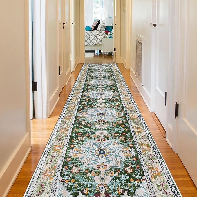 U'Artlines 2.6' x 14' Extra Long Boho Hallway Runner Rug, Green | Non Slip Washable Vintage Farmhouse Accent Area Rug Carpet for Kitchen Entryway Laundry and Living Room