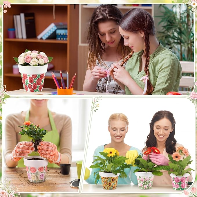 Zubebe 16 Pcs Paint Your Own Ceramic Pots Bulk Unfinished Succulent Pots Craft Kit with Drainage Hole Mini Paintable Plant Vase Ready to Paint Planter for Cactus DIY Craft (Elegant Flowers Tapered)