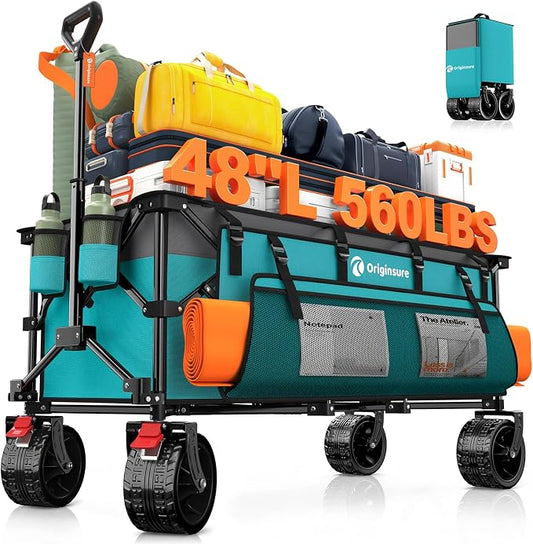 Originsure 48" L Collapsible Wagon Cart Foldable, 560lbs Weight Capacity 300L Heavy Duty Folding Beach Wagons with Big All-Terrain Wheels, Utility Carts for Groceries, Camping, Sports - Grey&Turquoise