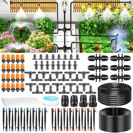235FT Drip Irrigation System Kit, Automatic Drip Irrigation Kit with 1/2 inch Hose 1/4 inch Distribution Tubing and Accessories