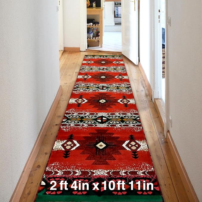 YHSF Southwest Native American Area Rug – Thick, Soft, Durable & Easy to Maintenance Tribal Design Boho Rug– Ideal for Bedroom, Living Room & Hallway - Red, 2 Feet 4 Inches x 10 Feet 11 Inches