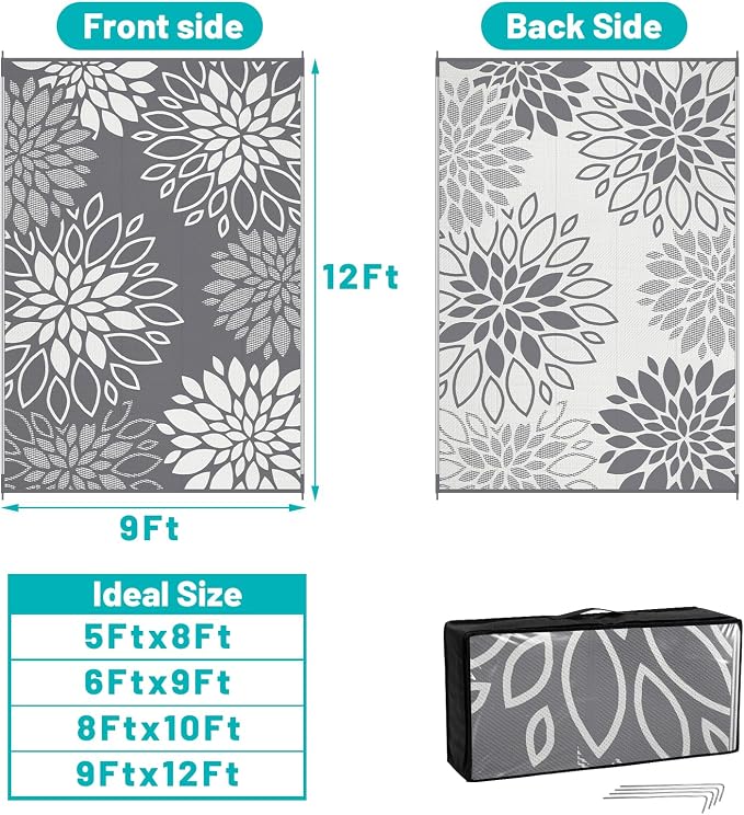 HEBE Waterproof Outdoor Rug 9x12 for Patios, Floral Reversible Plastic Straw Rug Patio Mat, Indoor Outdoor Carpet RV Mat Camping Rug for Deck, Camper, Porch, Balcony, Backyard, Picnic