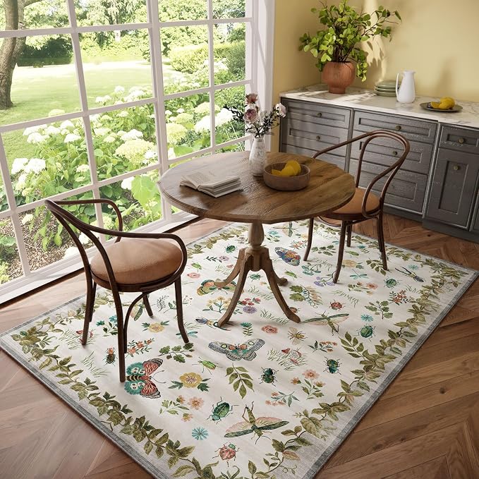 Washable Area Rugs for Living Room: 5x7 Bedroom Rug Vintage Rugs Stain Resistant Non Slip Low Pile Soft Lightweight Carpet for Kitchen Dining Room Farmhouse Nursery Kids Room Indoor