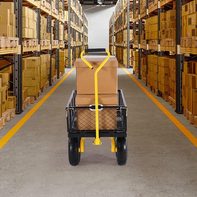 VEVOR Steel Garden Cart 500 lbs Heavy Duty Garden Wagon Cart on Wheels | Pullable Metal Yard Utility Wagon with 10" All Terrain Tires, Mesh Detachable Sides (Convert to Flatbed) 180° Rotating Handle