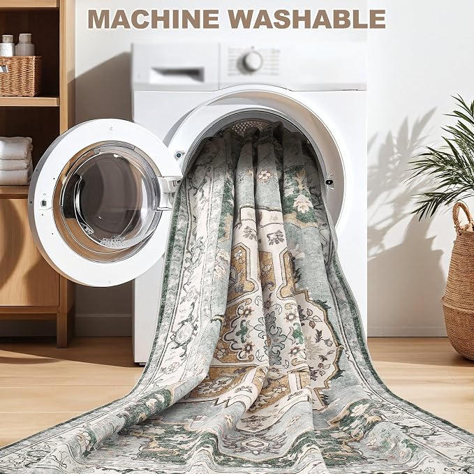 10x14 Washable Area Rug: Vintage Neutral Soft Non Slip Thin Large Floor Carpet for Living Room Bedroom Kitchen Dining Room Home Office Farmhouse Indoor - Green
