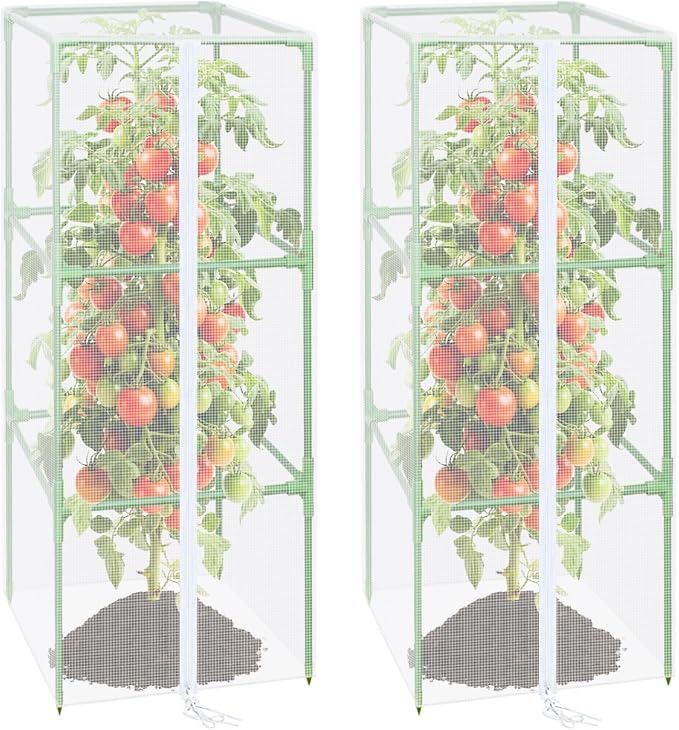 ZeeDix 43.3" x 16.1" Tomato Plant Cover Netting for Square Tomato Cage, 2 Pack Garden Bird Netting with Zipper & Drawstring, Insect & Bird Protection to Protect Tomatoes, Vegetables & Fruits