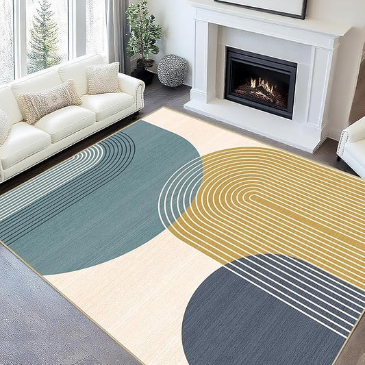 Large Area Rug 5x7 Boho Rug Living Room Bohemian Rugs Machine Washable Modern Geometric Rug Non Slip Printed Low Pile Indoor Floor Carpet for Dining Room Bedroom Office,Blue