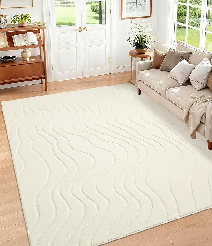 5x7 Abstract Wave Striped Area Rug, Modern Washable High-Low Pile Rug, Soft Textured Carpet for Living Room, Bedroom,Dining Room, Beige Ivory White