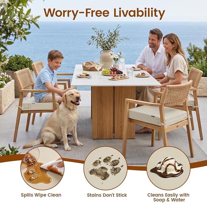 Favoyard Patio Chair Square Cushions Set of 2, Beige, 22 x 22 x 3 inches | 5-Year Fade-resistant & Water-resistant Memory Foam Pad with Removable Cover & Ties for Outdoor Furniture Dining Chairs Seat